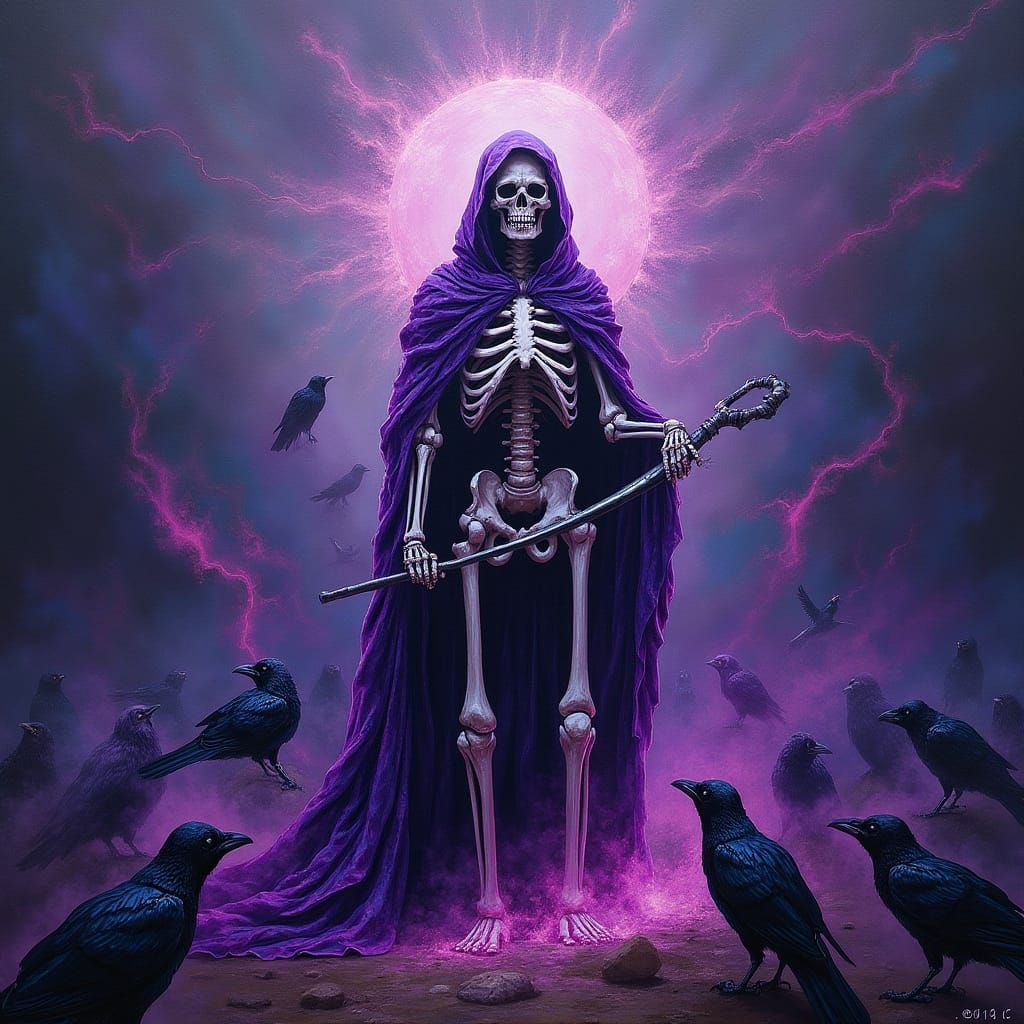 Grim Reaper Amidst Psychedelic Swirls and Obsidian Crows