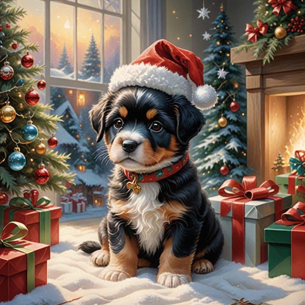 Whimsical Puppy Under Glowing Christmas Tree