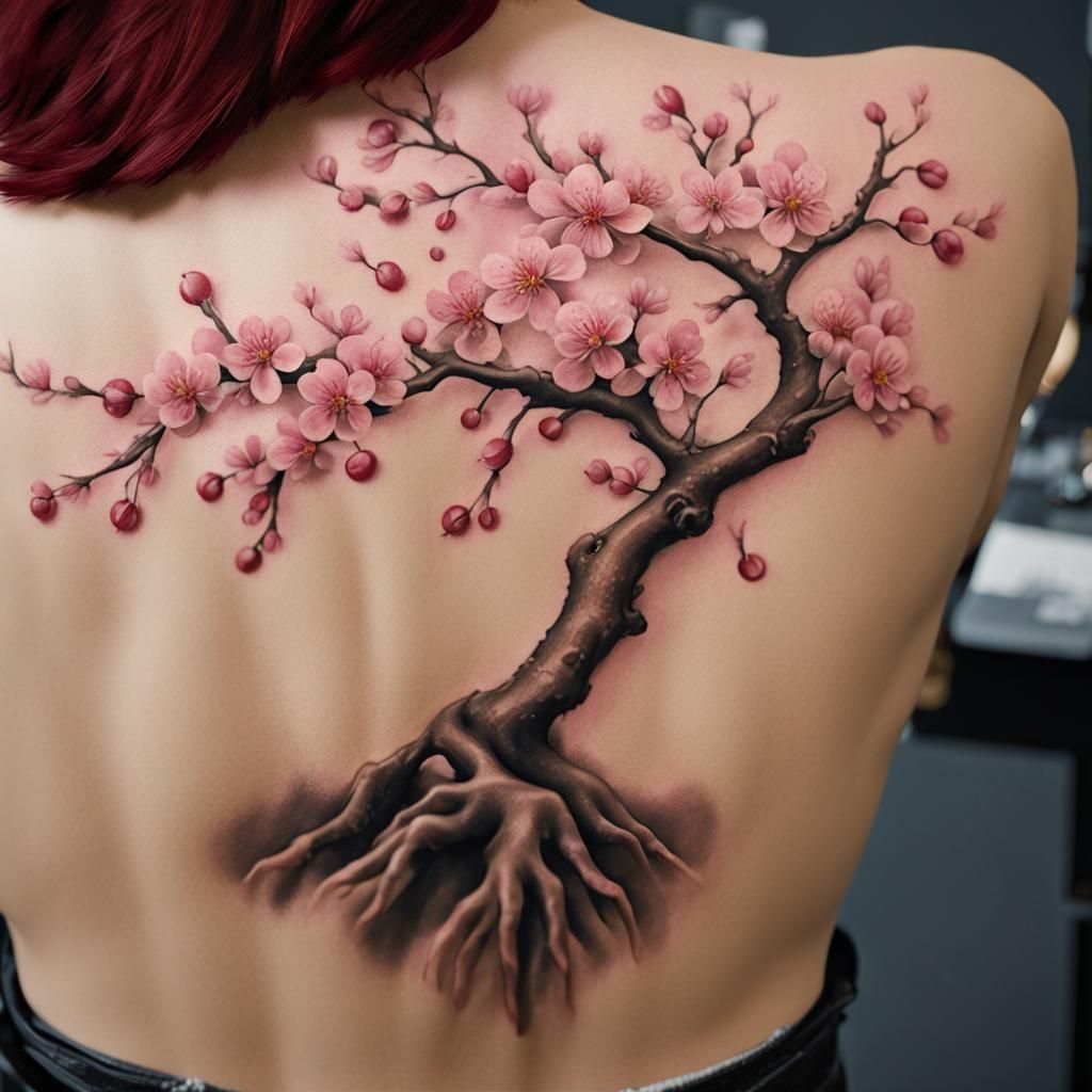 Realistic Cherry Blossom Tattoo in 2.5D