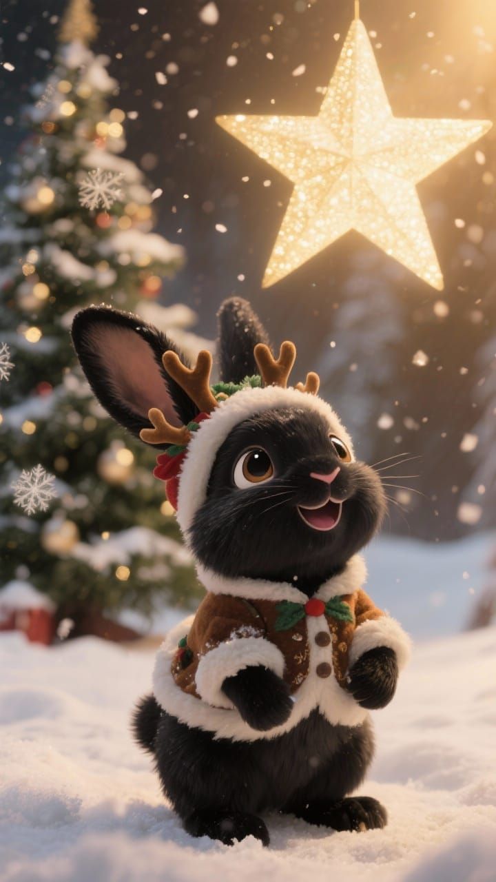 Adorable Bunny in Reindeer Outfit Gazes at Glowing Star