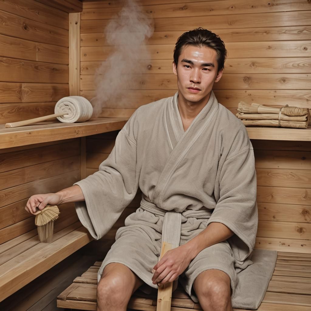 Young Man Steaming in Sauna with Oak Broom