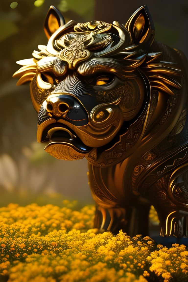 Golden Foo Dogs in Flower Garden, Digital Art