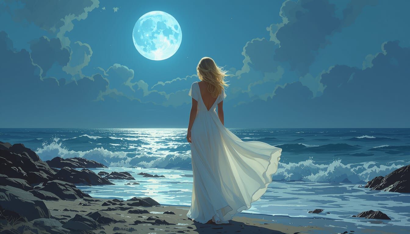 Ethereal Blonde Woman Under Blue Moon, Art Nouveau