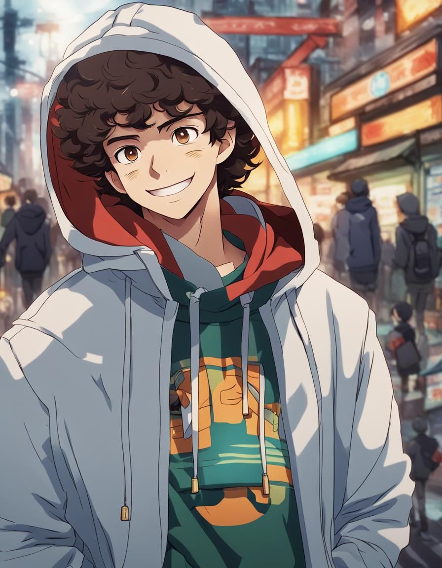 A young man resembling Gaten Matarazzo, smiling, wearing a h...