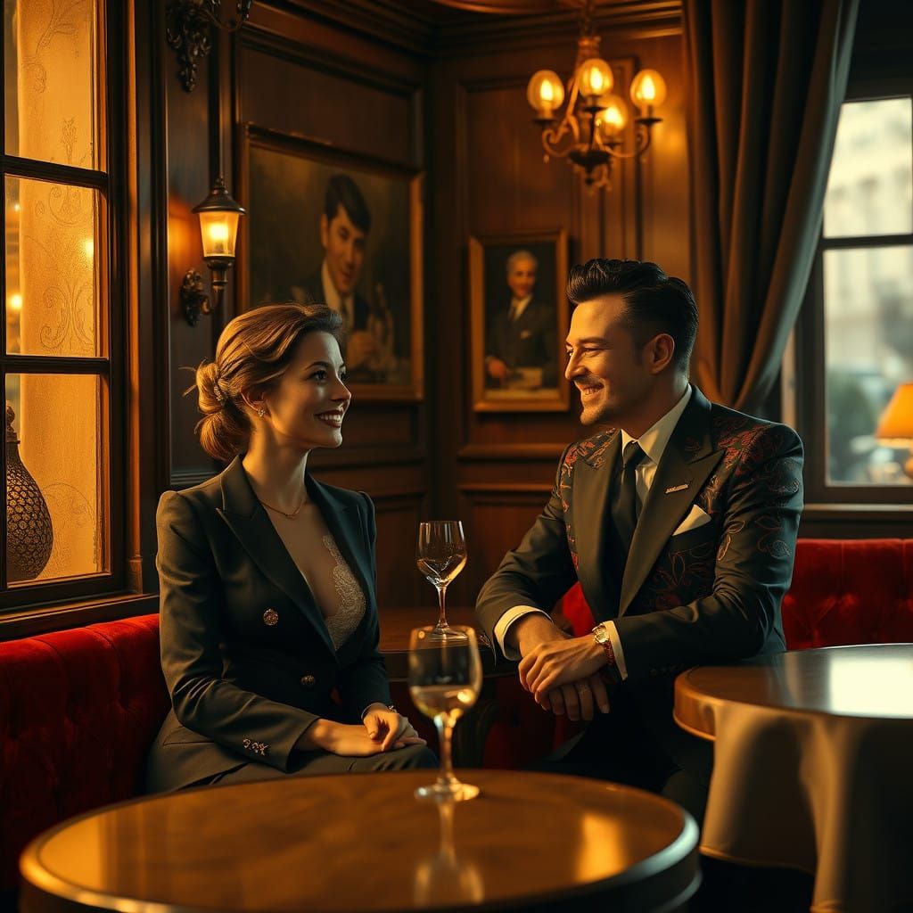 Elegant Parisian Bistro Scene with Friends in Luxurious Fash...