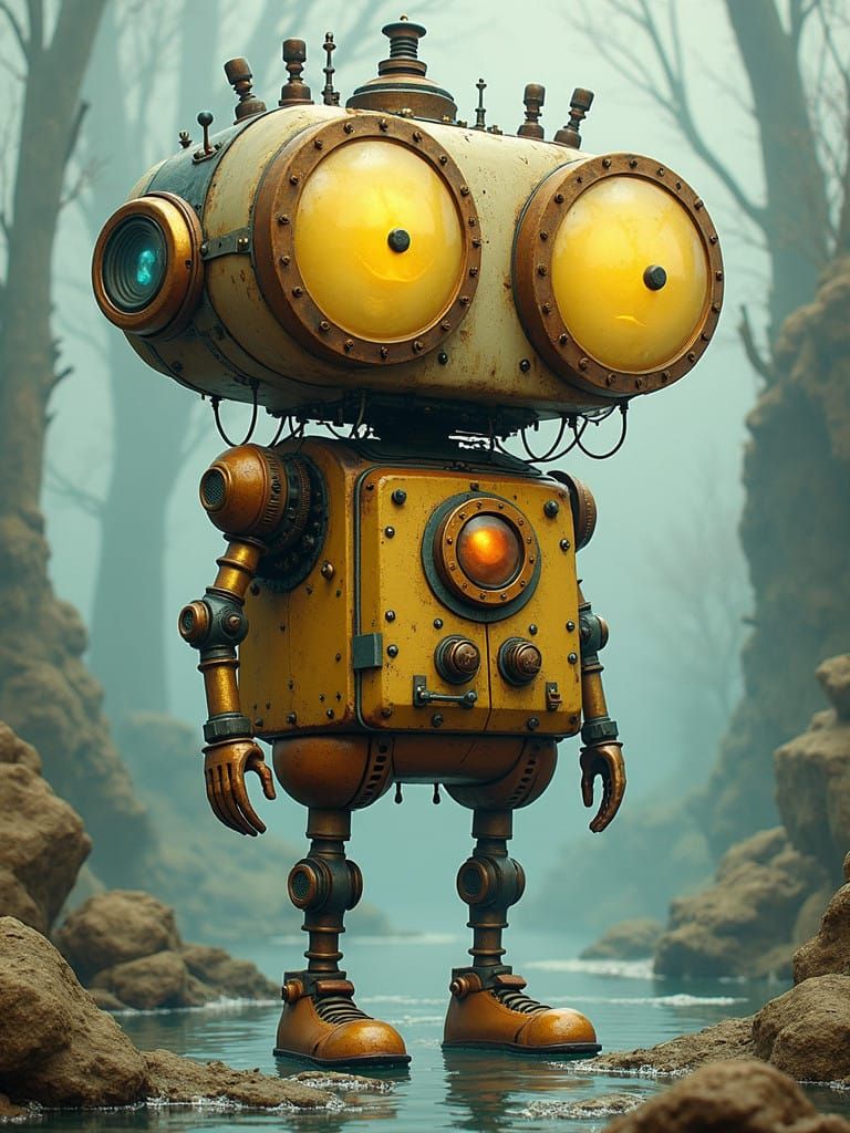 Steampunk Androids in Whimsical Fantasy Painting