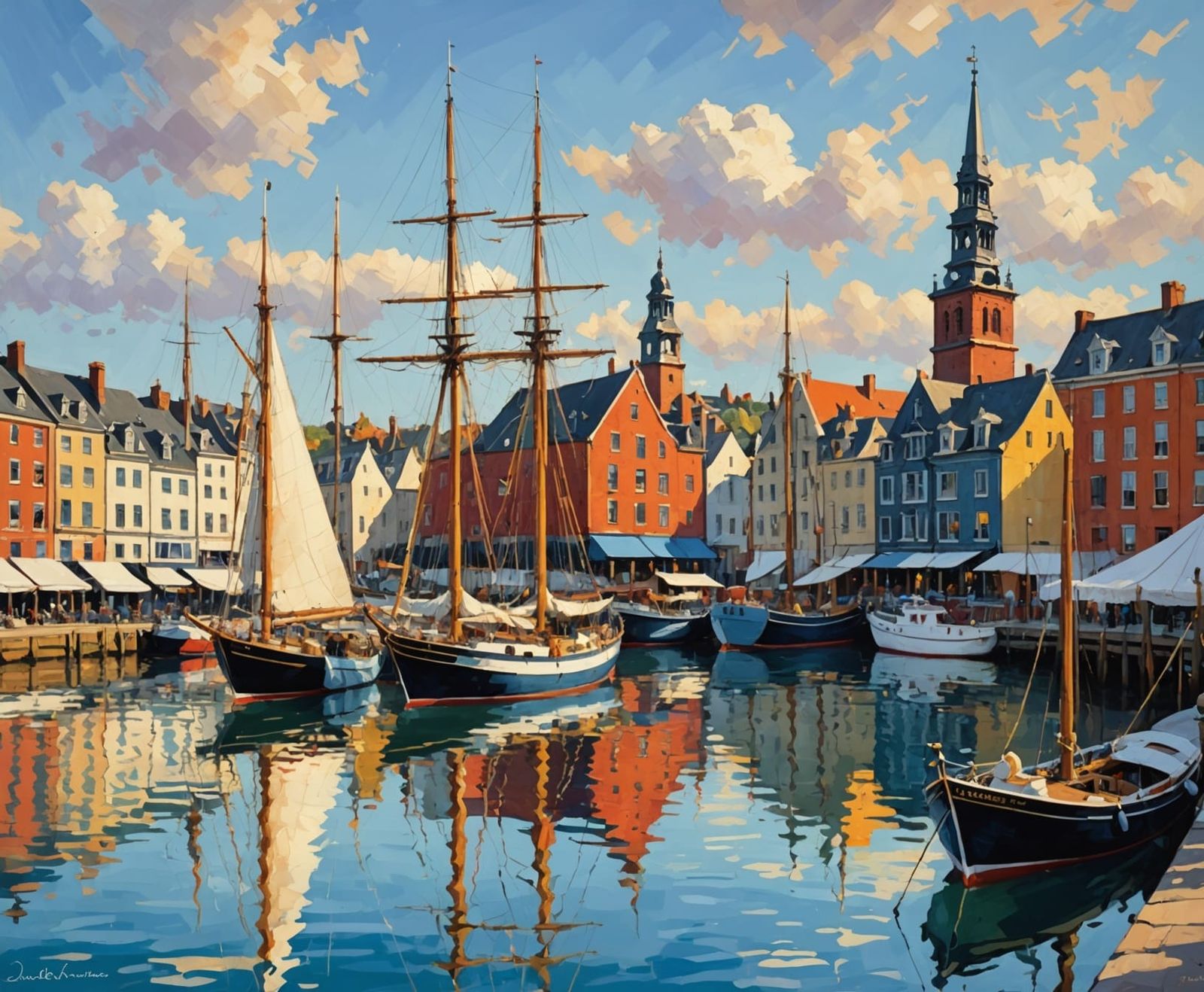 Impressionist Harbor Scene with Sailing Ships