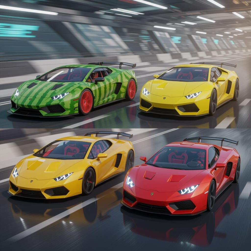 Fruit-Based Cars Race on Futuristic Track in 3D