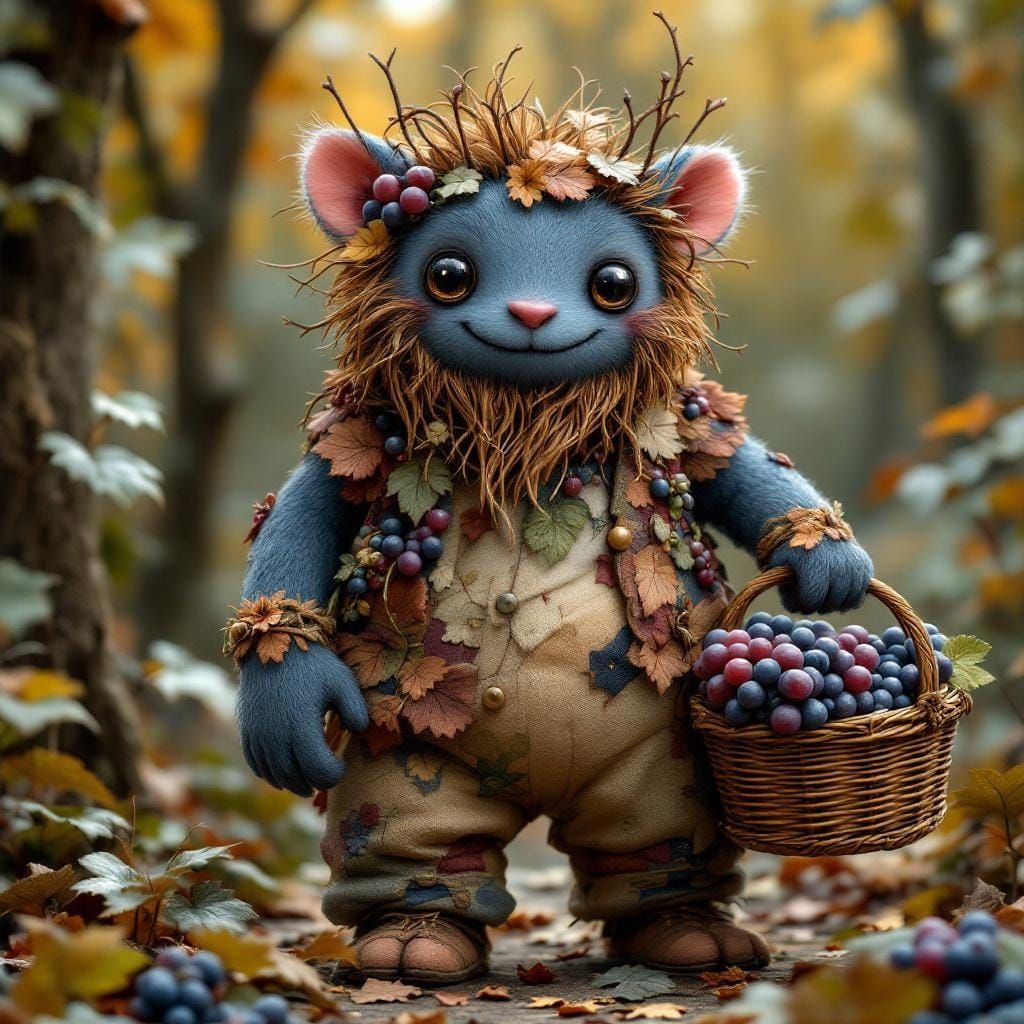 Blueberry Plush Monster with Macrame Details, 3D Sculpture