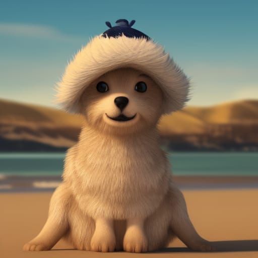 Cute Furry Monster Portrait on Beach, Hyperdetailed Art