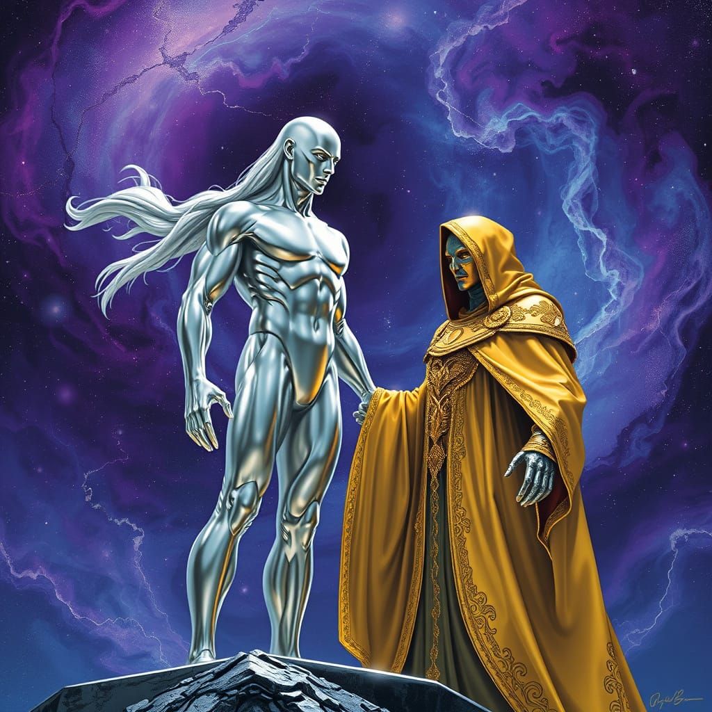 Cosmic Encounter: Silver Surfer Meets Golden Visionary in Cy...