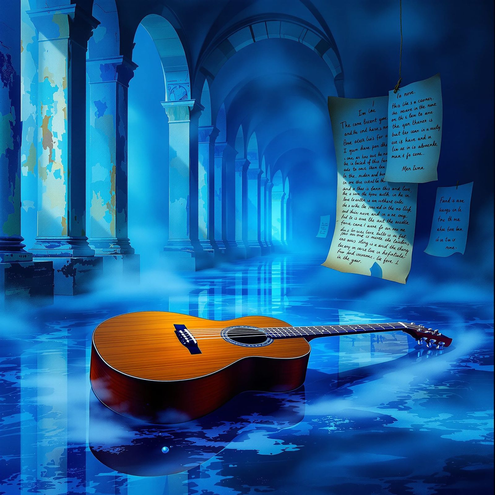 Surreal Blue Dreamscape with Guitar and Arcade