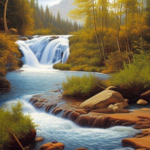 Scenic Waterfall in Sun-Drenched Forest: Oil Painting