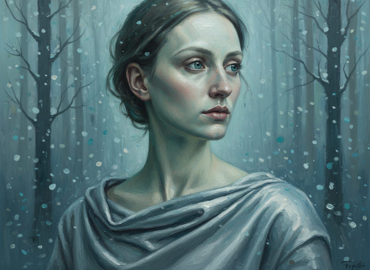 Detached Portrait in Oil Painting Style with Winter Forest B...