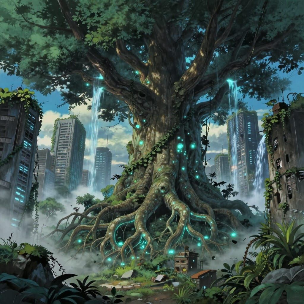 Ancient Bioluminescent Tree Overgrown City Digital Painting