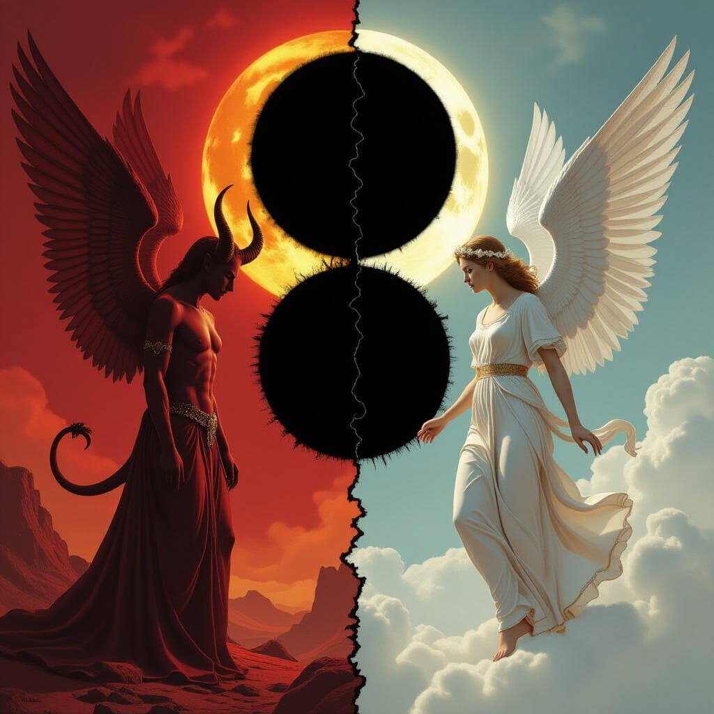 Demons in Hell vs Angels Under Black Sun and Gold Moon