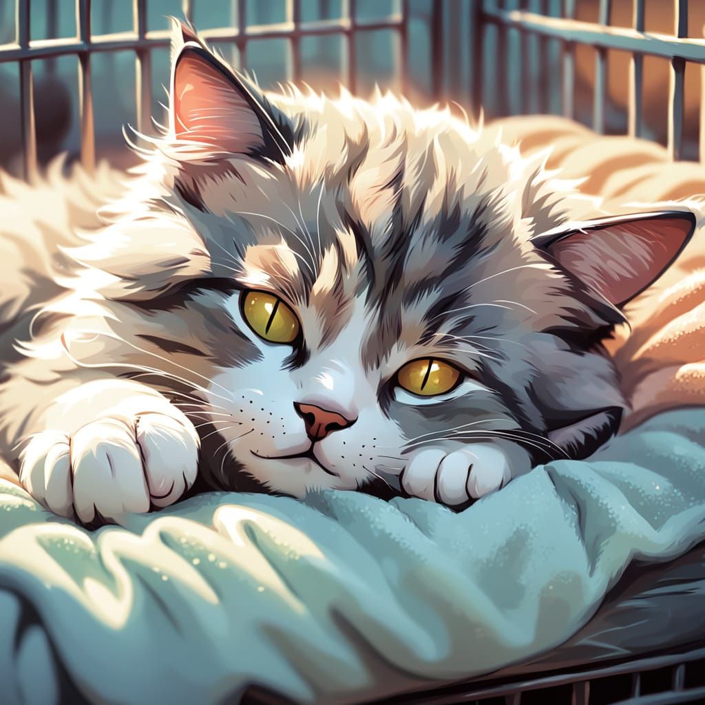 Sleeping Cat in Kennel: Whimsical Digital Art