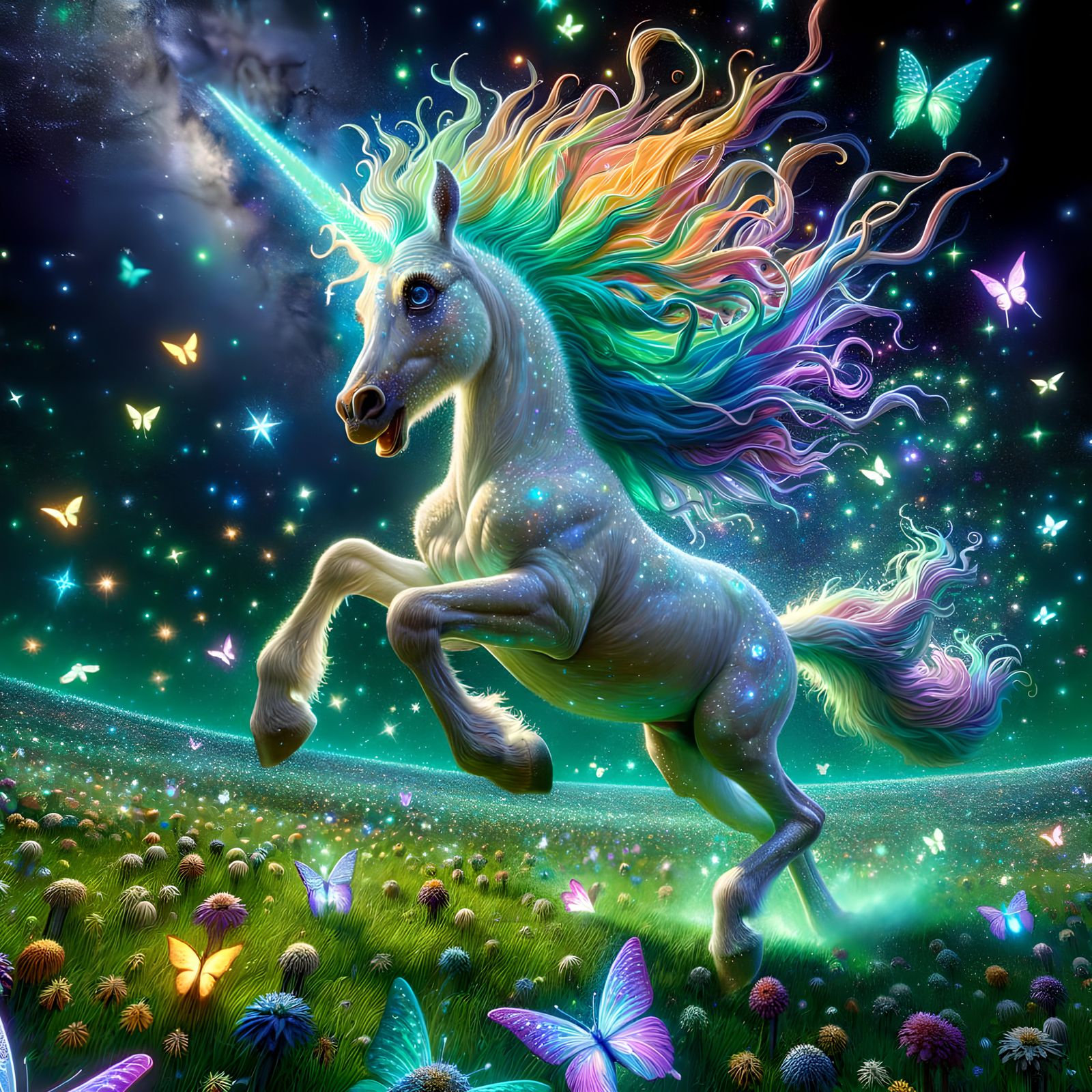 Unicorn Foal's Night Meadow Frolic in 3D Art
