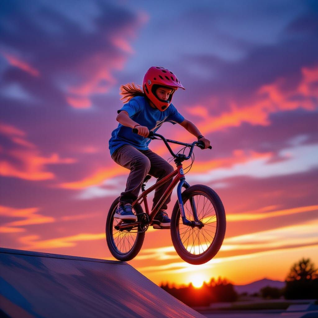 Boy on BMX Bike Jumps at Sunset