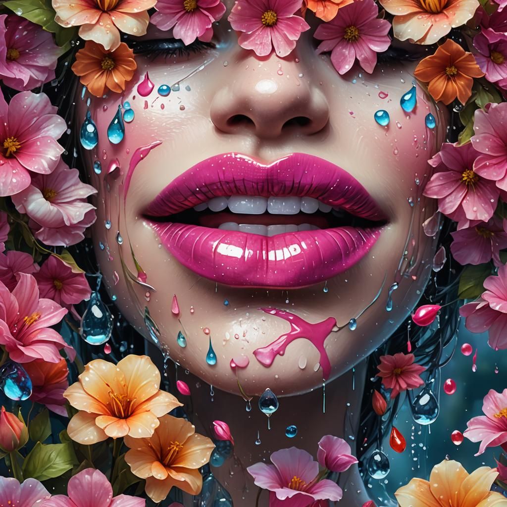 Luminous Pink Lips with Watercolor Floral Art