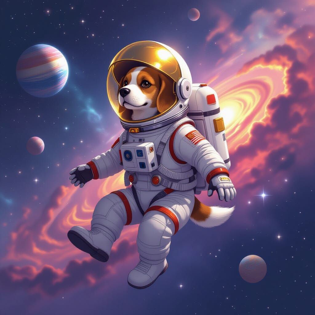 Beagle Astronaut Floating in Space: Digital Art