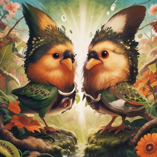 Kiwi Bird on Kiwi Fruit Splash: Photorealistic Fantasy Art