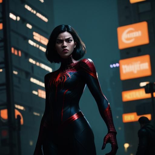 Spider-Woman in Dark City: Cinematic Film Still