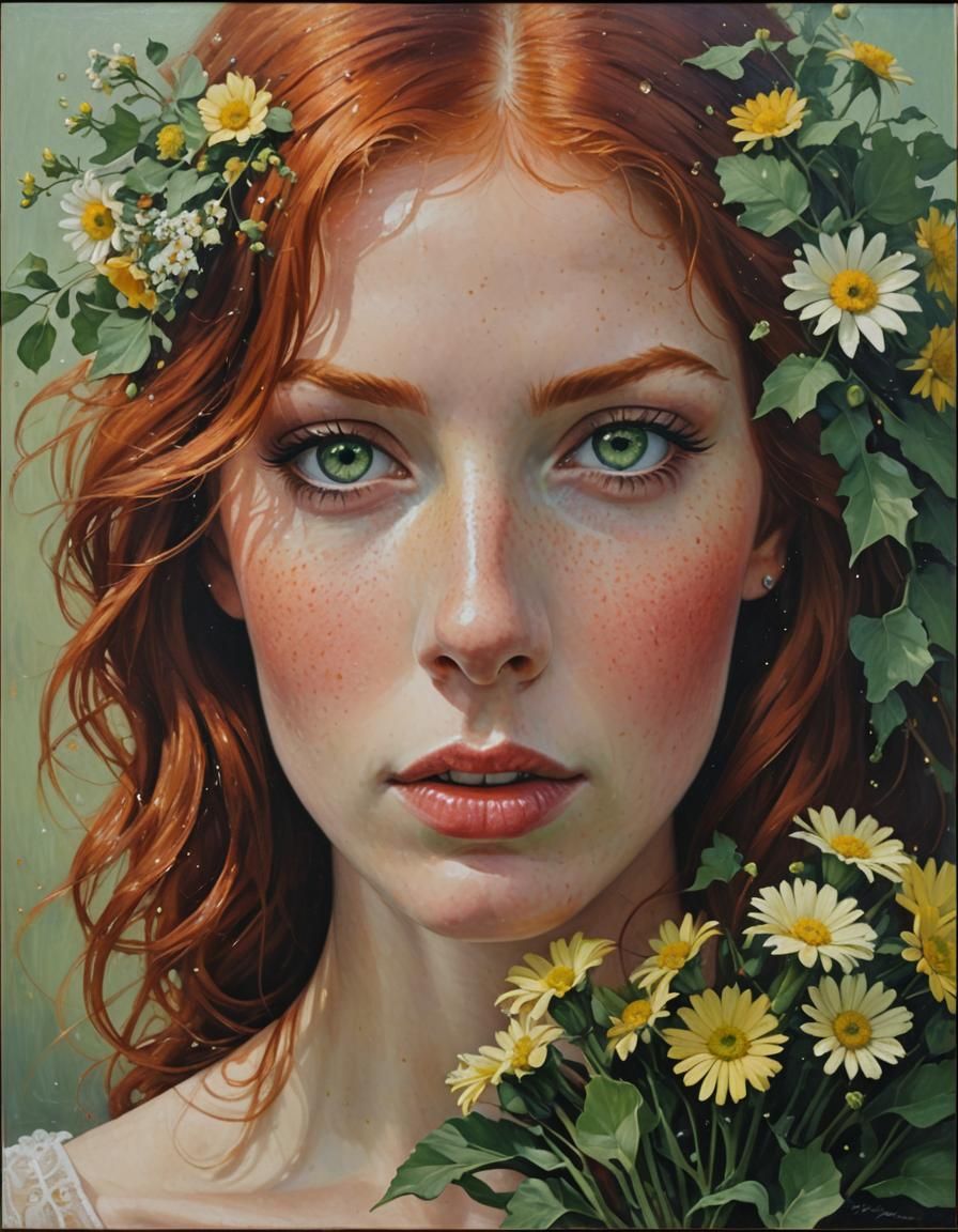Red-Haired Woman with Flowers: Vintage Oil Portrait