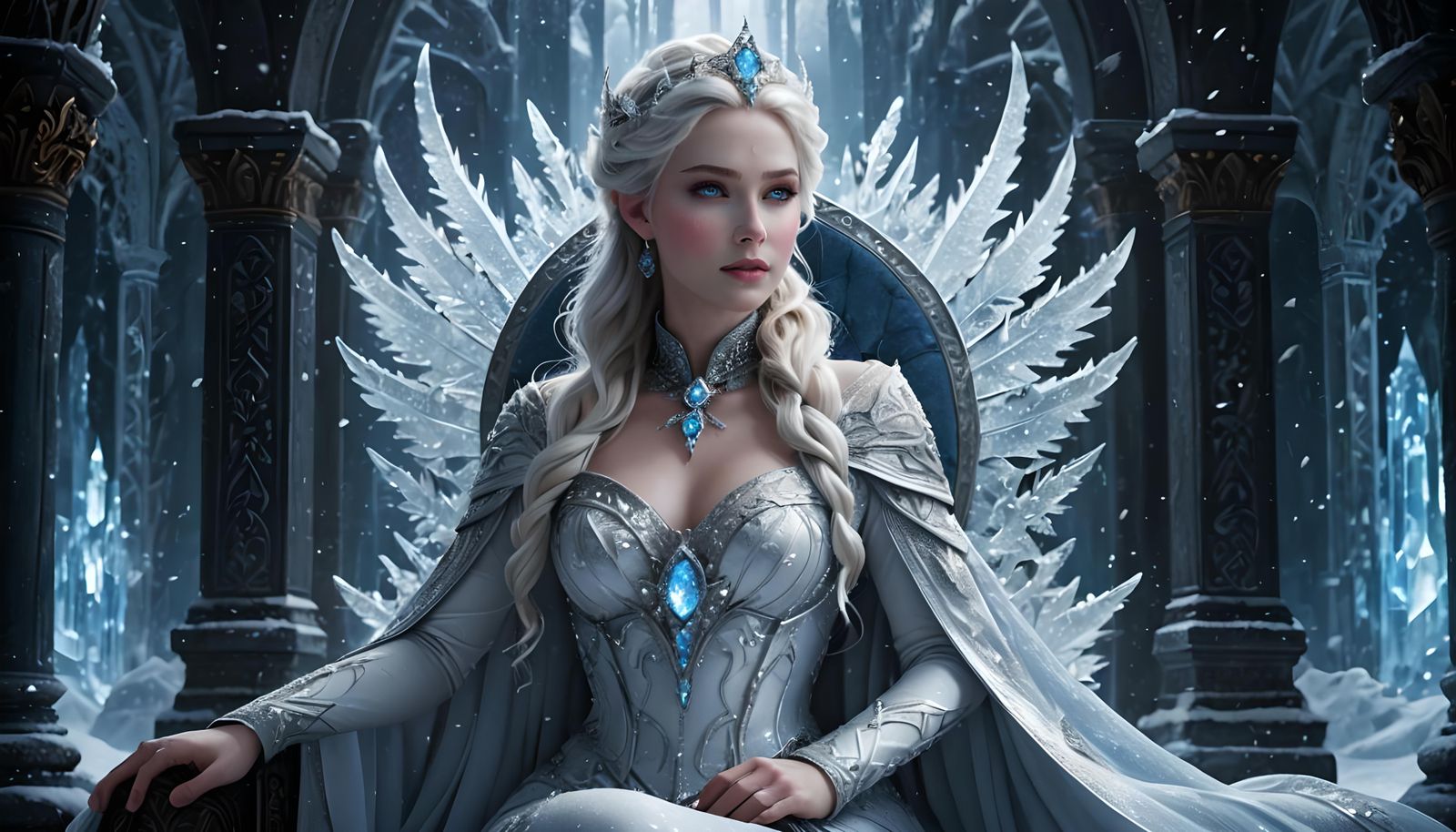 Ice Goddess on Throne in Dark Fantasy Art