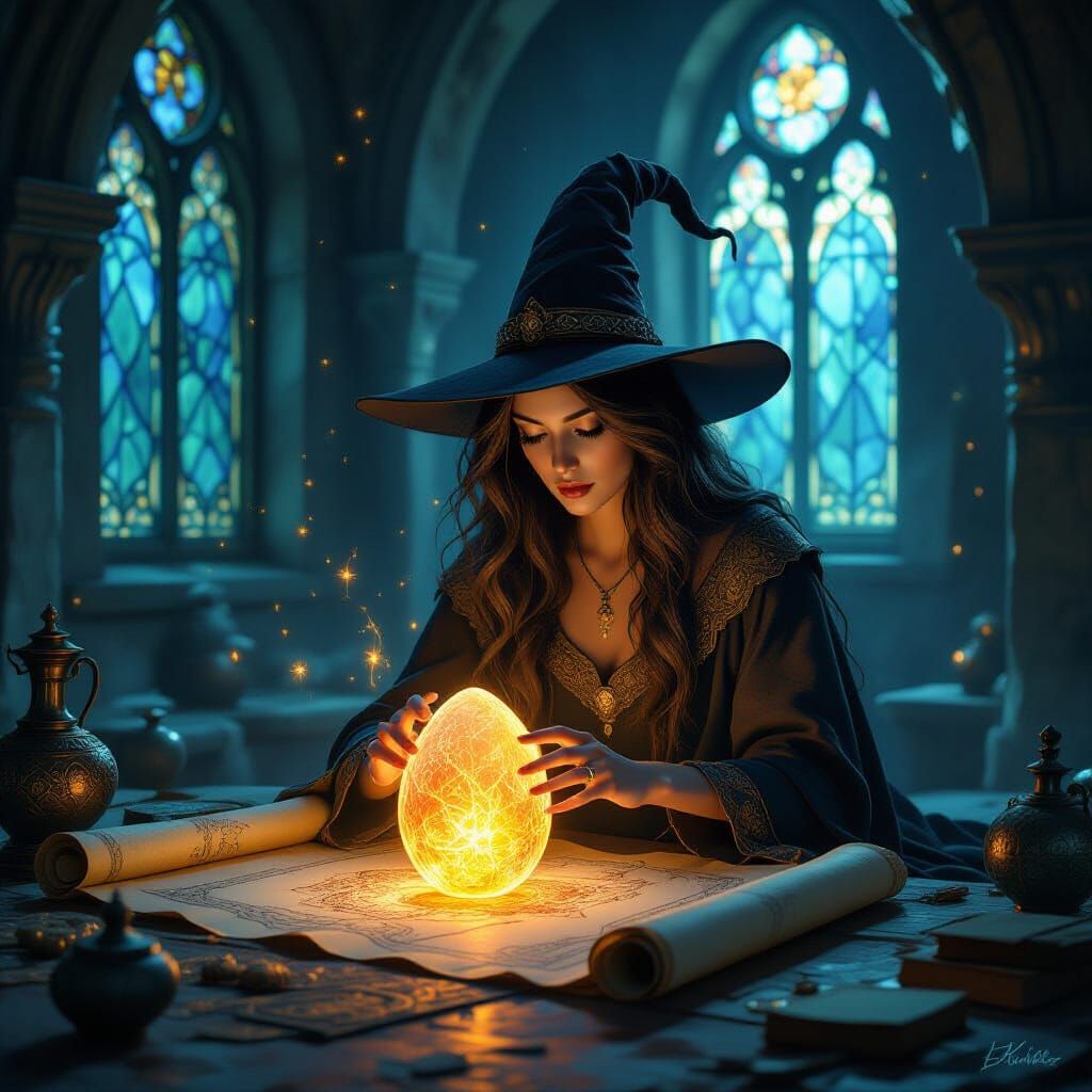 Witch Tends Luminous Phoenix Egg in Hidden Chamber