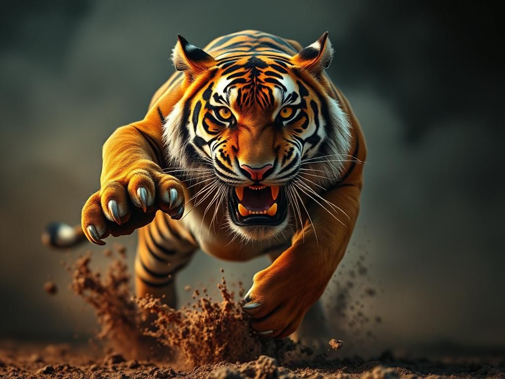 Muscular Bengal Tiger Leaping in Photorealistic Style