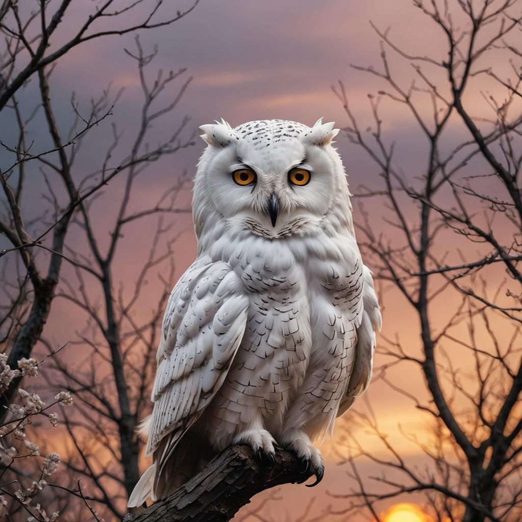 White Owl at Sunset in Pixelated Art Style