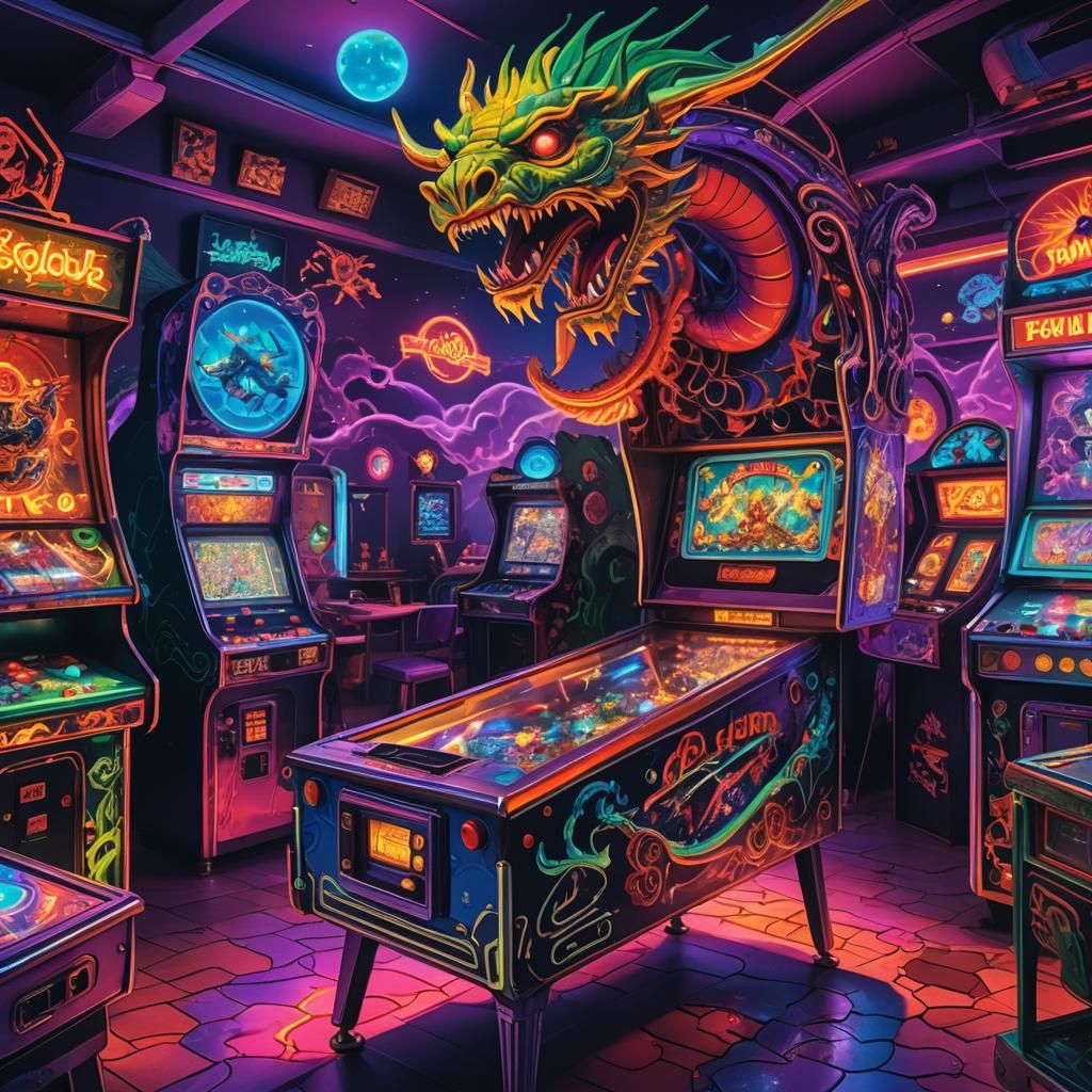 Retro-Futuristic Pinball Machine in Neon Arcade