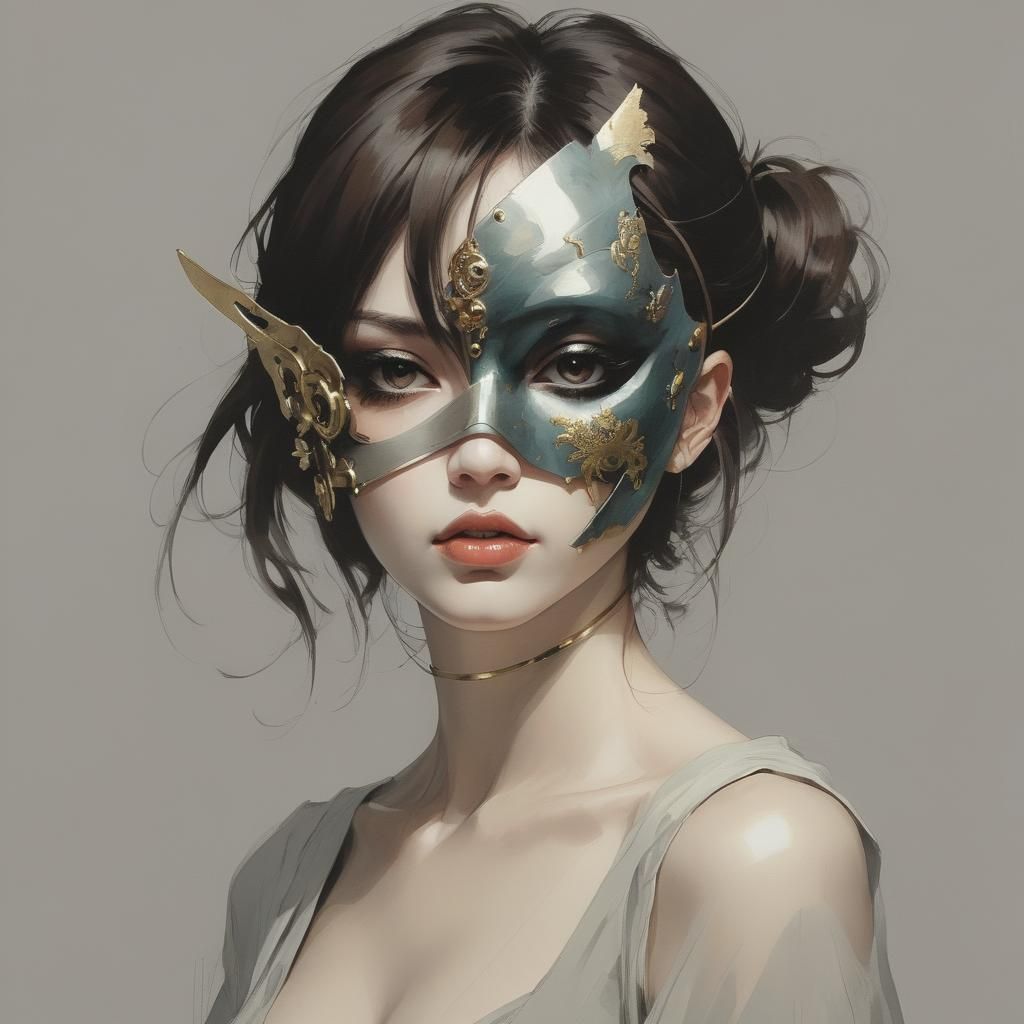 Conrad Roset, Yoji Shinkawa, Ashley Wood, minimalist dark fantasy illustration. A woman with brown hair and brown eyes t...