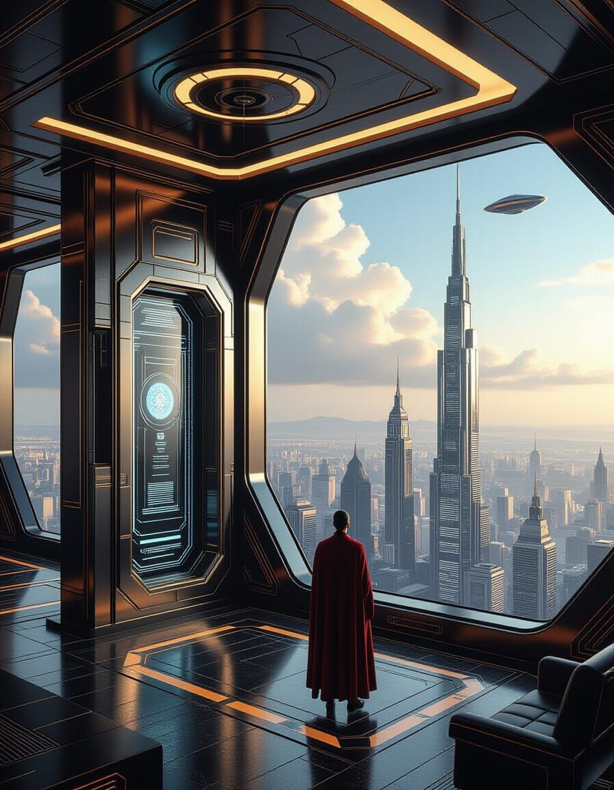 Art Deco Penthouse Supervillain Lair with Futuristic City Vi...