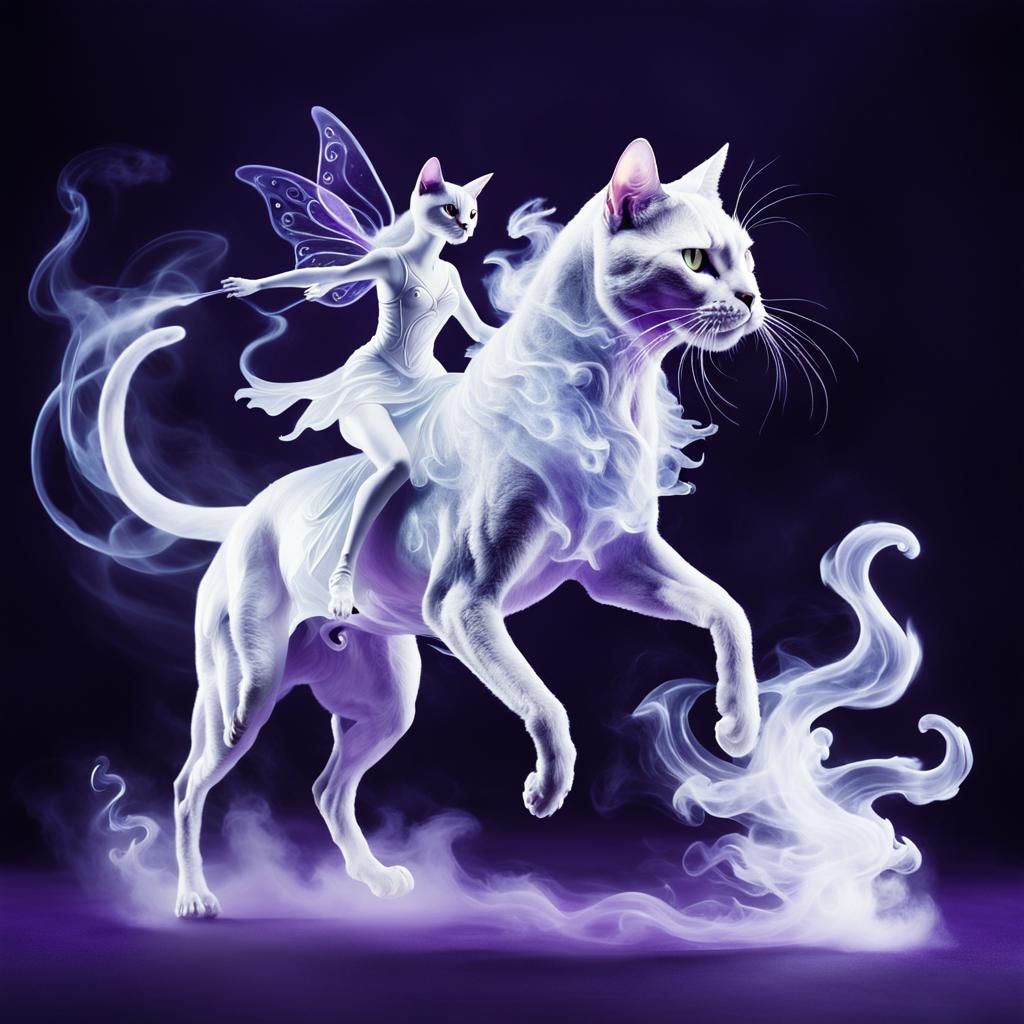 Ethereal Fairy Rides Mystical Smoke Cat
