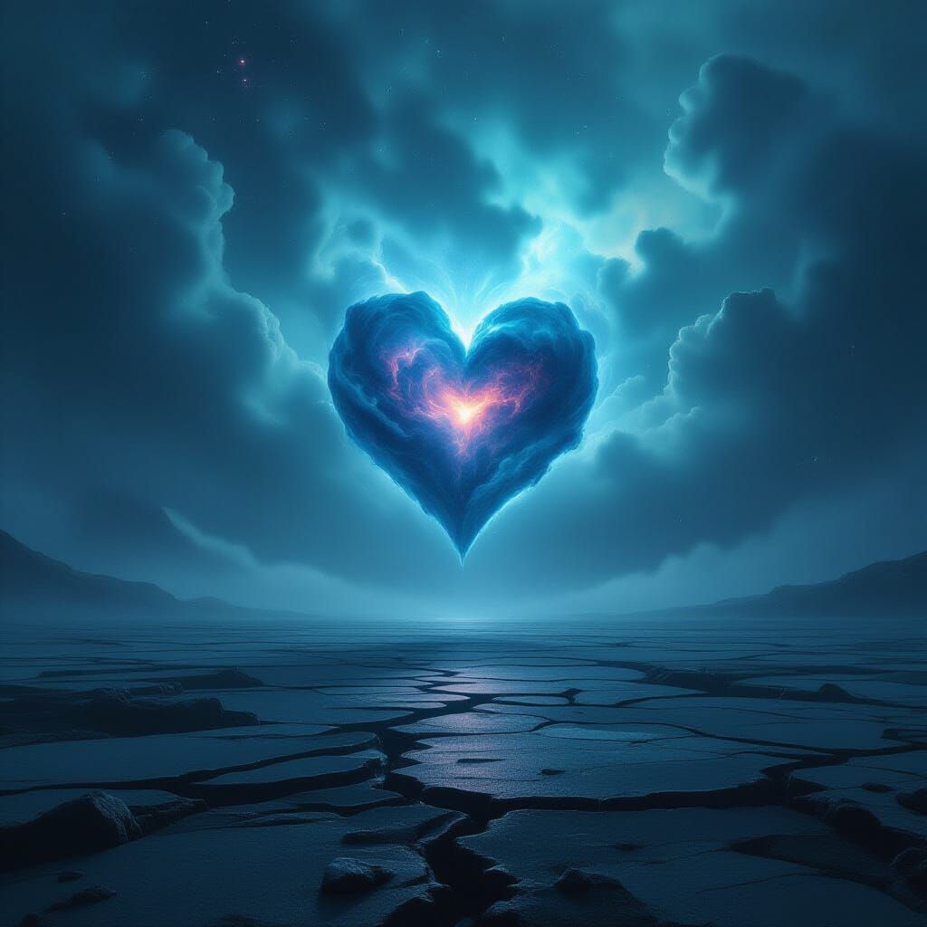 Ethereal Starlight Heart Over Alien Obsidian Landscape
