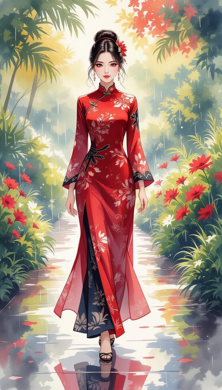 Ethereal Girl in Red & Black Ao Dai in Botanical Garden