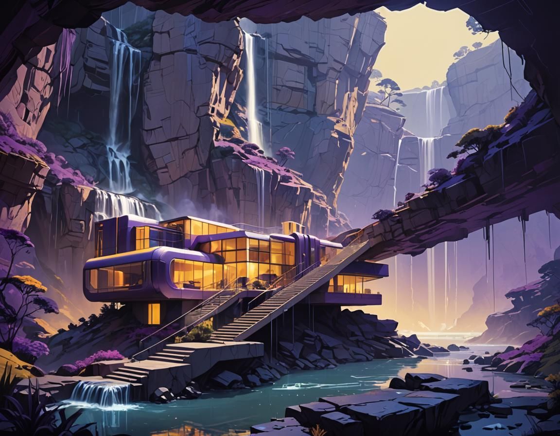Futuristic Art Deco Cliffside House Concept Art