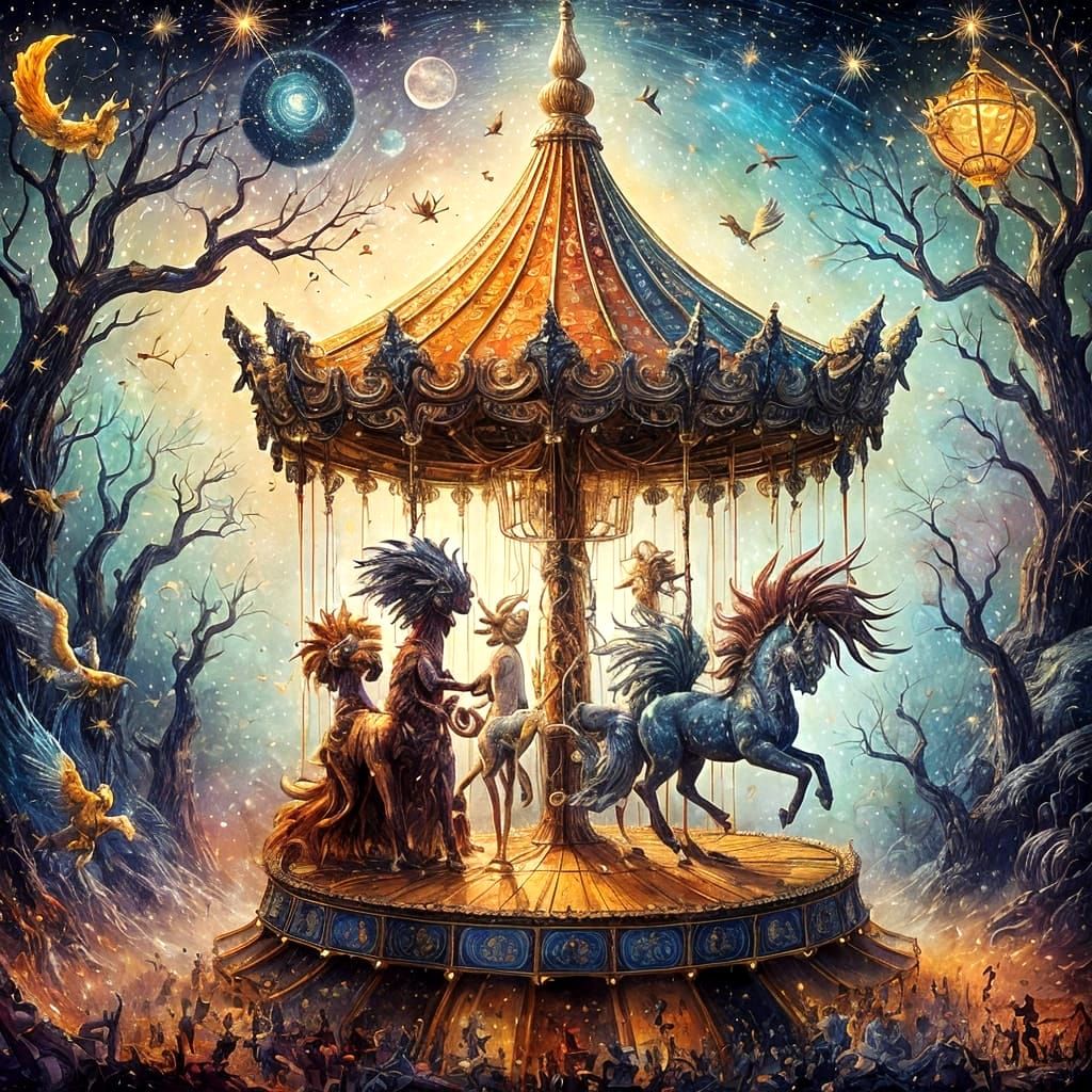 Mythical Carousel in Starry Dreamscape Acrylic Collage