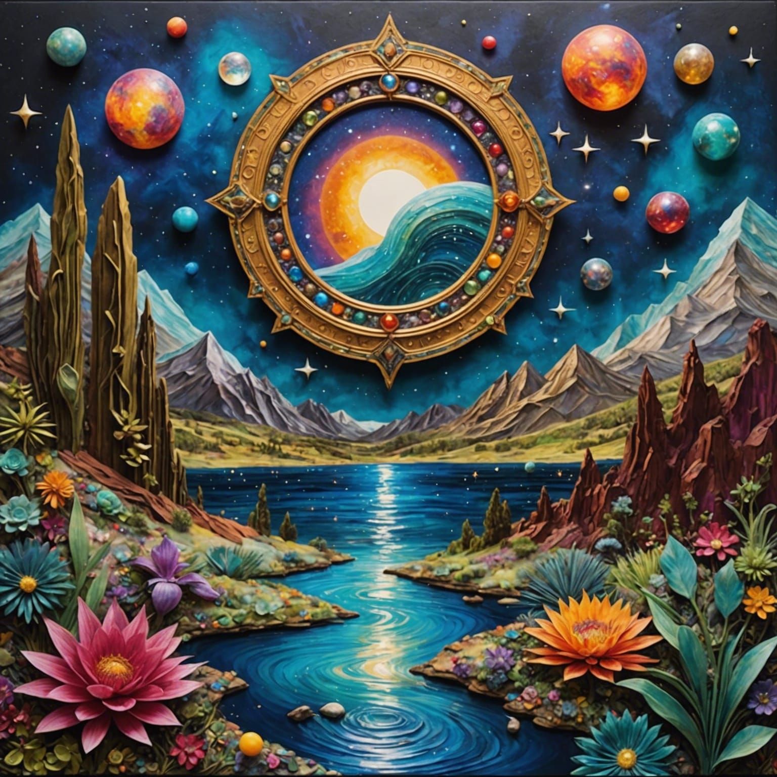 Bejeweled Galactic Oasis: Hyperdetailed Encaustic Masterpiec...
