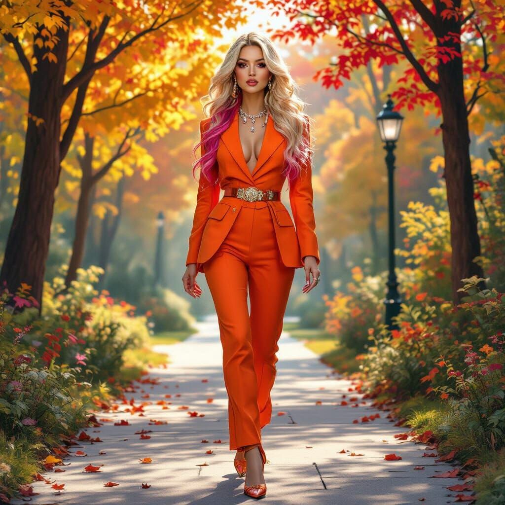 Lady with Blonde Hair Emerging from Autumn Forest