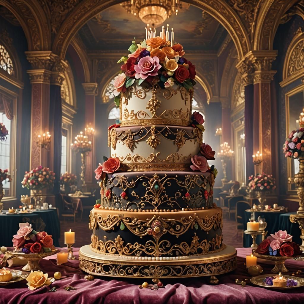 Majestic Cake with Sugar Flowers in Ornate Ballroom