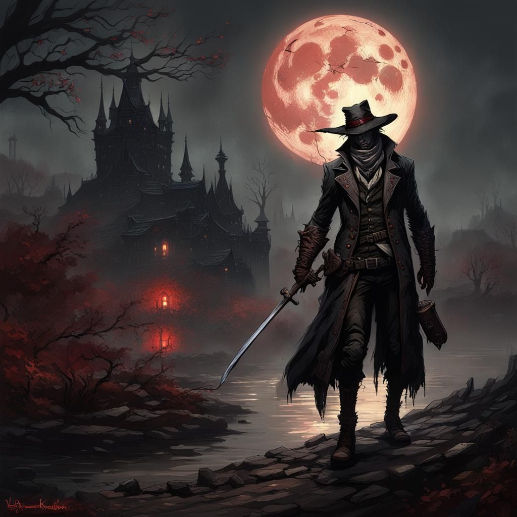 Bloodborne Hunter in Sinister Yharnam Landscape