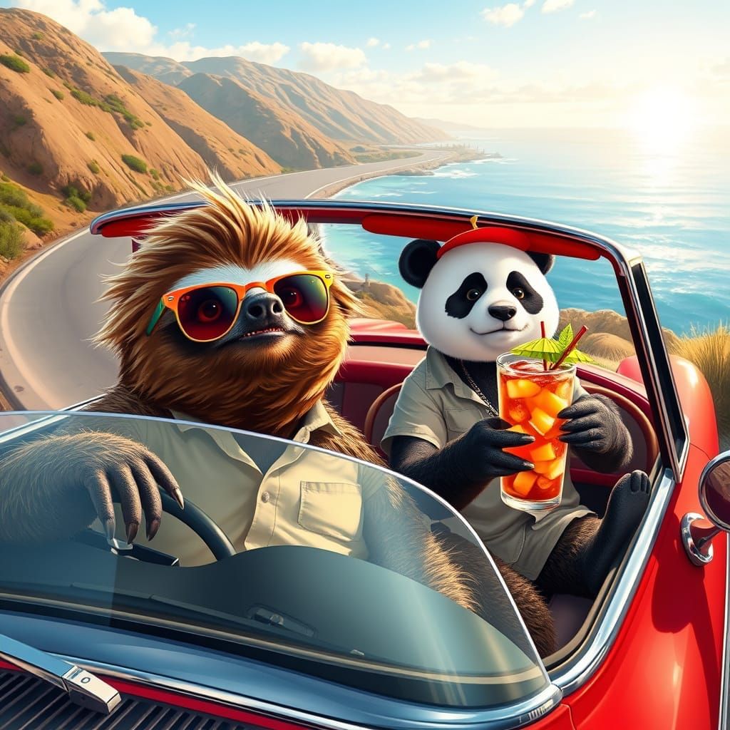 Sloth Cruises California Coast in Convertible