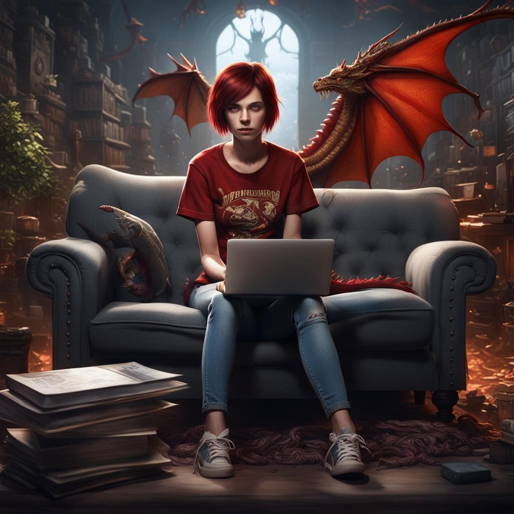 Girl on Couch with Laptop: Fantasy Concept Art