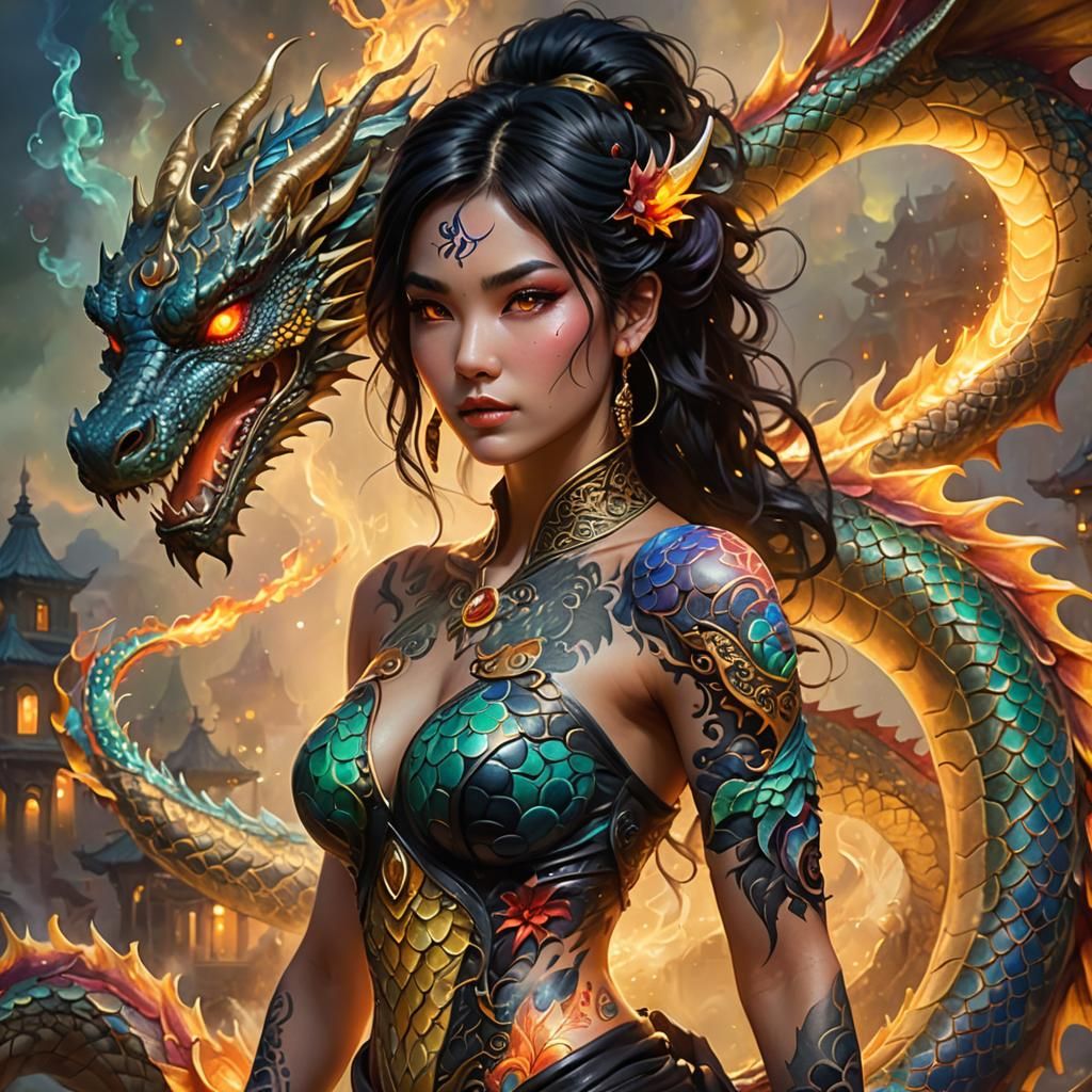 Back of full body woman showing an ornate colorful dragon tattoo starting on her upper leg and reaching to her neck, the...