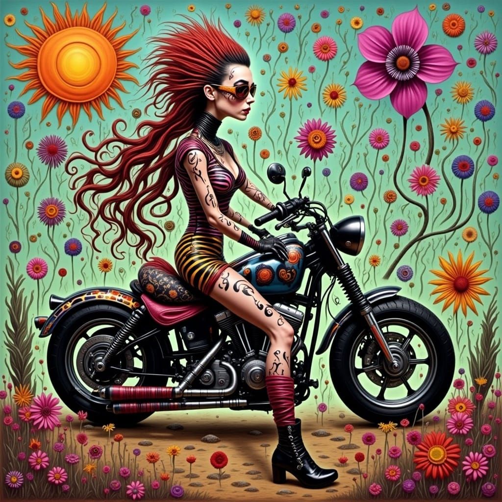 Playful Biker Chick in Neo-Expressionist Pop Art Style