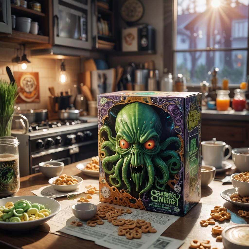 Cthulhu Cereal Box in Anime 3D Art Style