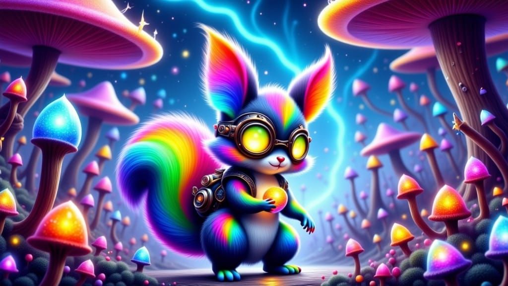 Psychedelic Squirrel Stealing Acorn in Surreal Forest